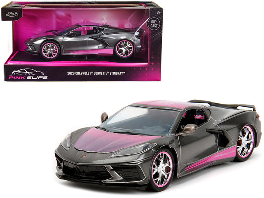 2020 Chevrolet Corvette Stingray Gray Metallic with Pink Carbon Hood and Top "Pink Slips" Series 1/24 Diecast Model Car by Jada LuxuryLifeWay Online Store