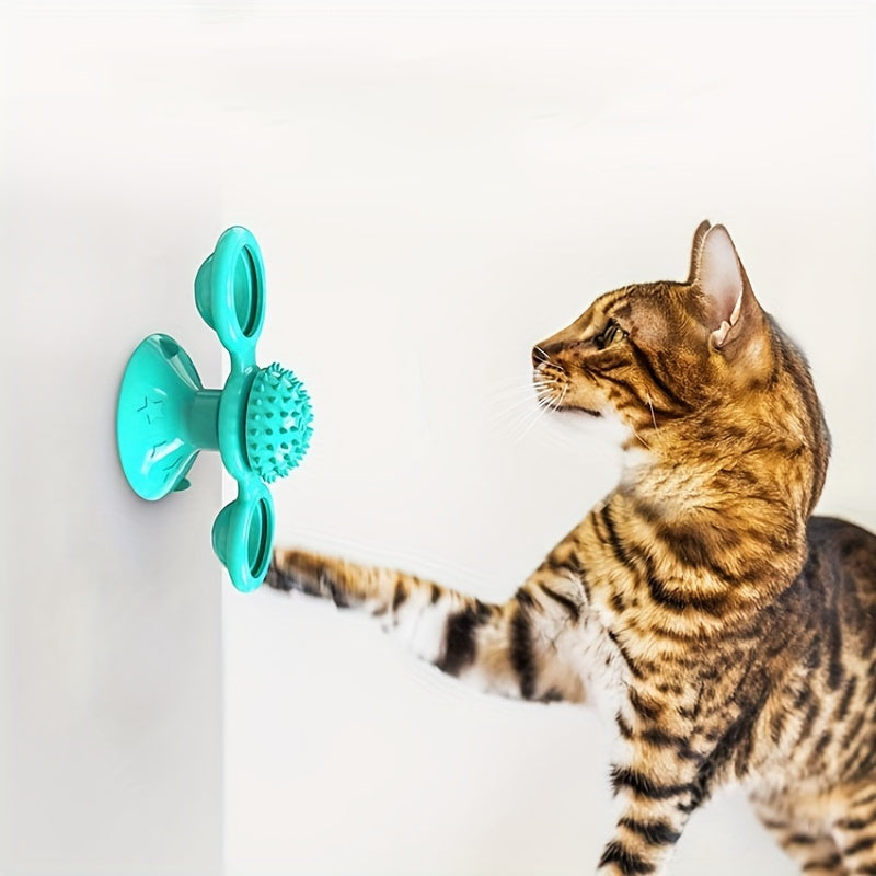 New Windmill Cat Toys Cute Rotating Interactive Cat Toy - Indoor Windmill Cat Toy With Suction Cup Catnip & Jagged Teeth Middle Ball, Smart Kitten Rotating Spinner Exercise Toy, Toothbrush & Massager Pets Fashion