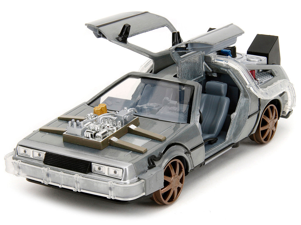 DeLorean Brushed Metal Time Machine (Train Wheel Version) with Lights "Back to the Future Part III" (1990) Movie "Hollywood Rides" Series 1/24 Diecast Model Car by Jada LuxuryLifeWay Online Store