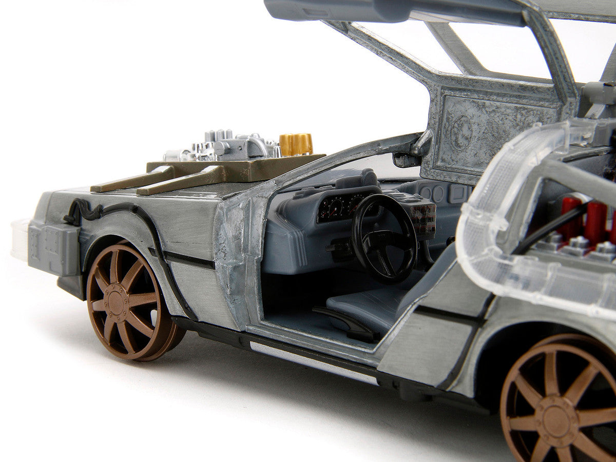 DeLorean Brushed Metal Time Machine (Train Wheel Version) with Lights "Back to the Future Part III" (1990) Movie "Hollywood Rides" Series 1/24 Diecast Model Car by Jada LuxuryLifeWay Online Store