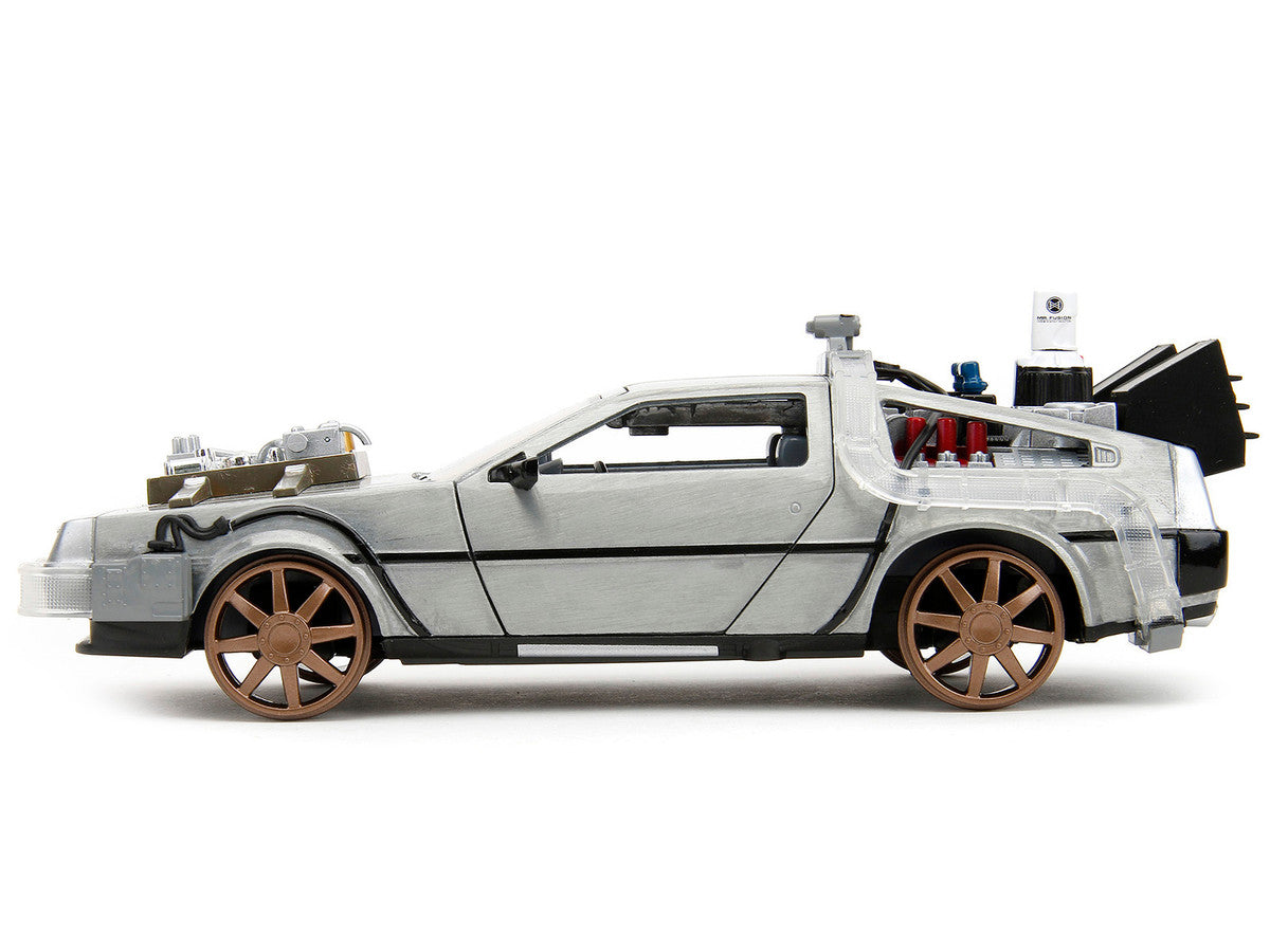 DeLorean Brushed Metal Time Machine (Train Wheel Version) with Lights "Back to the Future Part III" (1990) Movie "Hollywood Rides" Series 1/24 Diecast Model Car by Jada LuxuryLifeWay Online Store