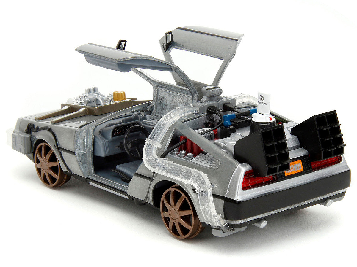 DeLorean Brushed Metal Time Machine (Train Wheel Version) with Lights "Back to the Future Part III" (1990) Movie "Hollywood Rides" Series 1/24 Diecast Model Car by Jada LuxuryLifeWay Online Store