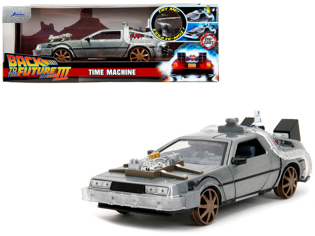 DeLorean Brushed Metal Time Machine (Train Wheel Version) with Lights "Back to the Future Part III" (1990) Movie "Hollywood Rides" Series 1/24 Diecast Model Car by Jada LuxuryLifeWay Online Store