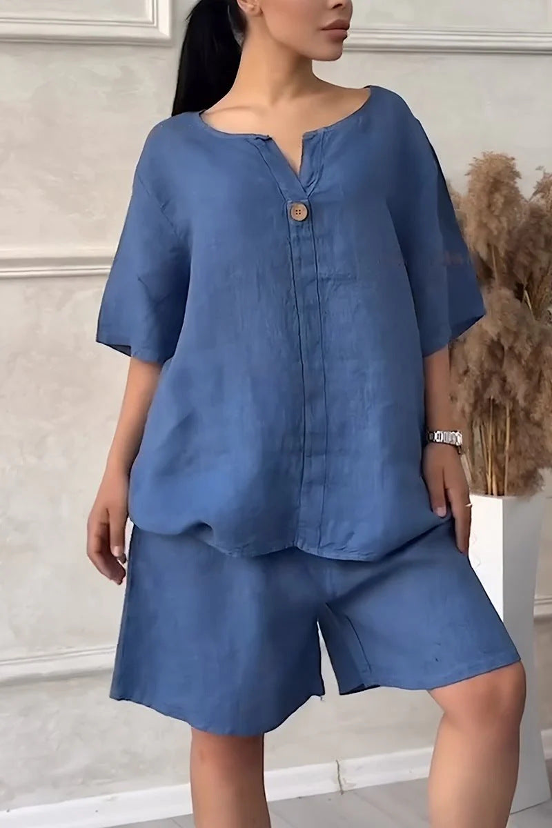 Cotton-linen Shirt Set With High-waisted Loose Shorts For Women LadyShow.Store
