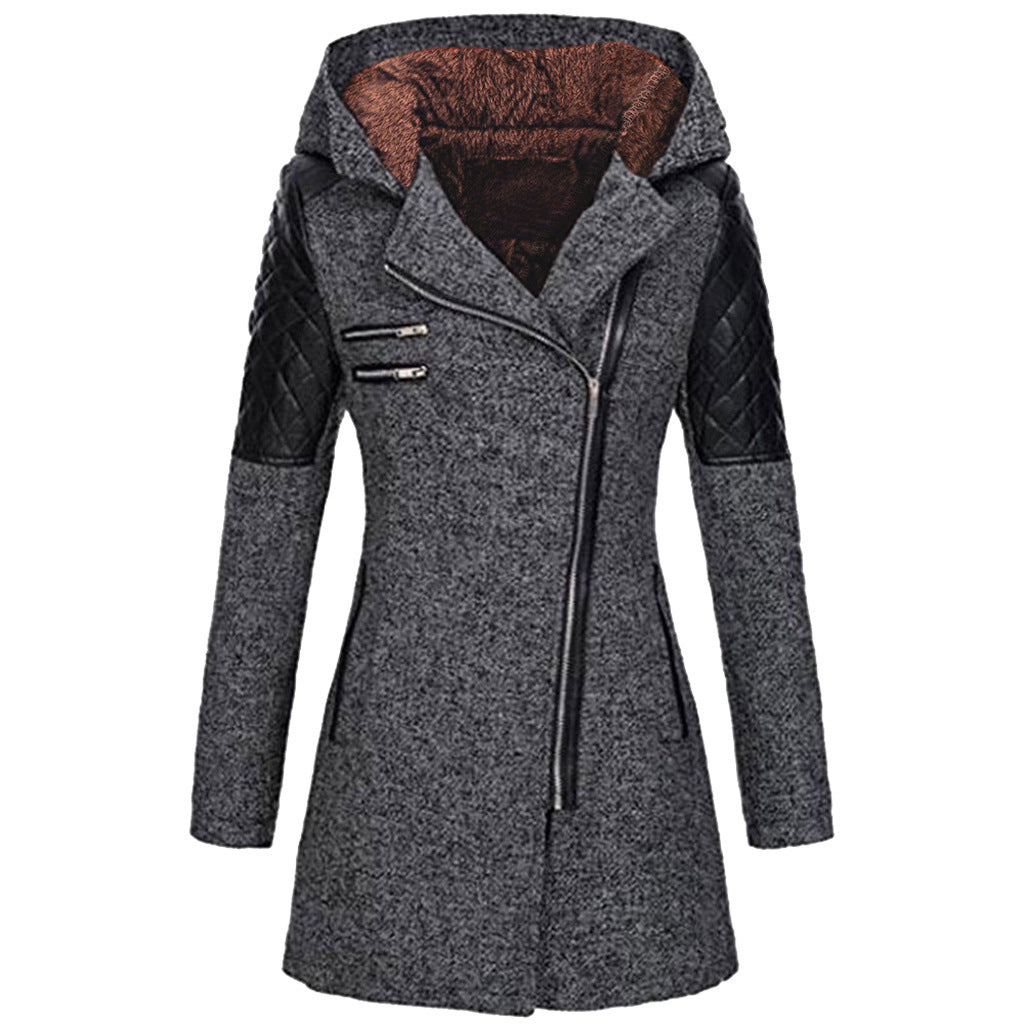 Women Warm Slim Full Zipper Coat Thick Woolen Coat Female Fall Winter Windbreaker Hooded Diagonal Zipper Women's Clothing CJD
