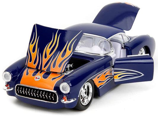 1957 Chevrolet Corvette Dark Blue with Flame Graphics and White Interior "Bigtime Muscle" Series 1/24 Diecast Model Car by Jada LuxuryLifeWay Online Store