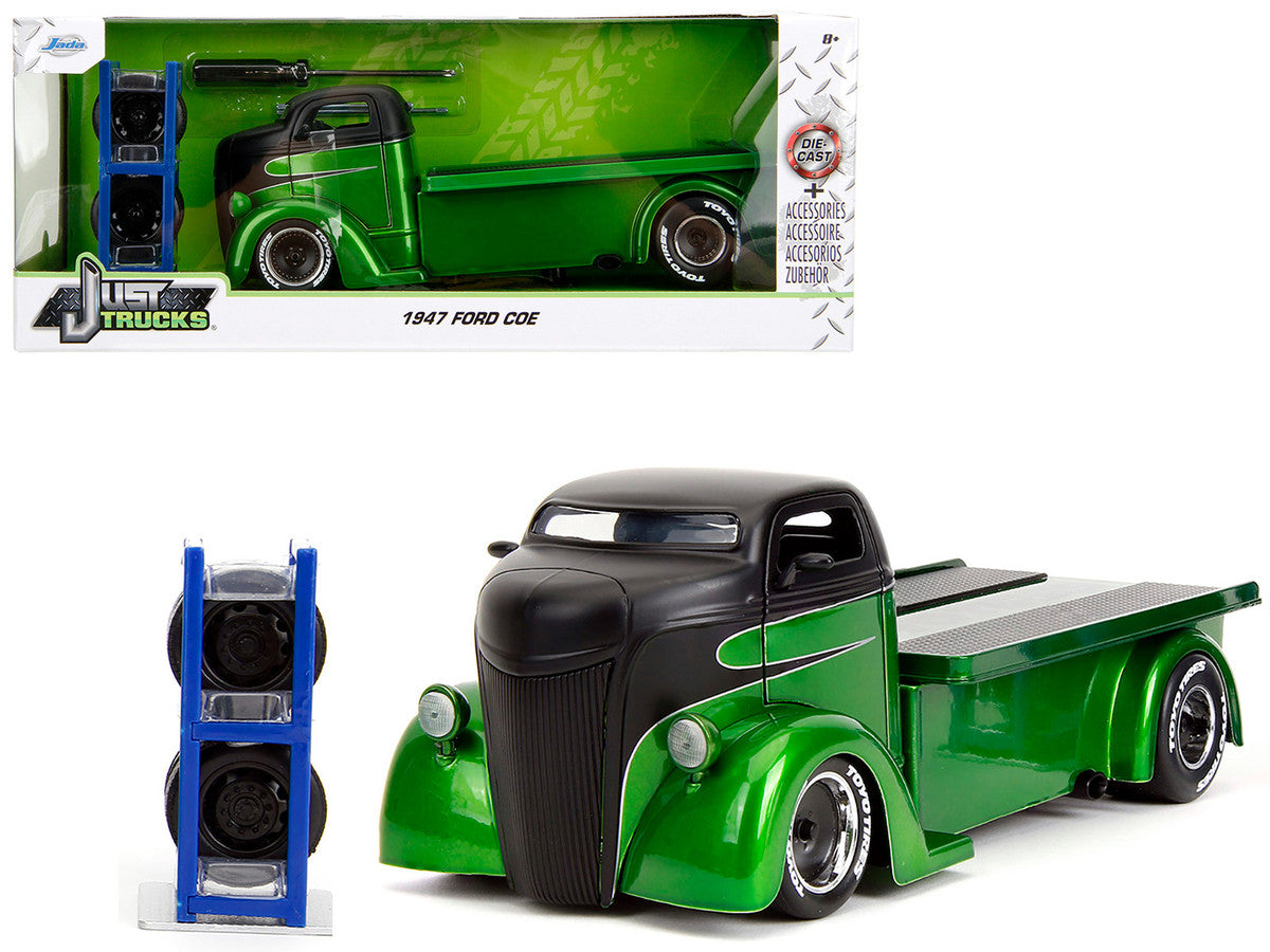 1947 Ford COE Flatbed Truck Green Metallic and Matt Black "Toyo Tires" with Extra Wheels "Just Trucks" Series 1/24 Diecast Model Car by Jada LuxuryLifeWay Online Store