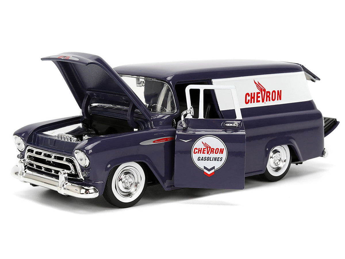 1957 Chevrolet Suburban "Chevron" Dark Blue with White Stripes and Chevron Gas Pump "Just Trucks" Series 1/24 Diecast Model Car by Jada LuxuryLifeWay Online Store