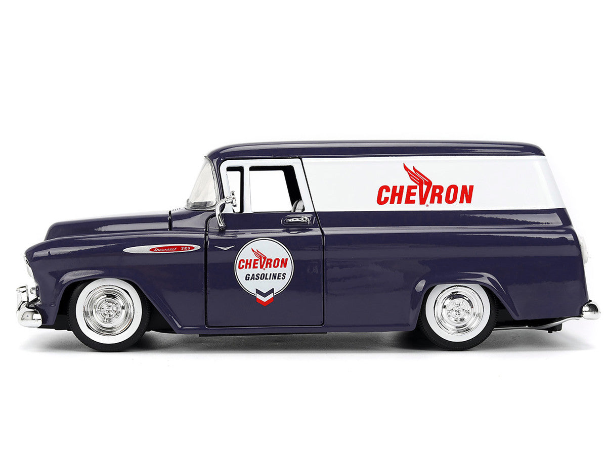 1957 Chevrolet Suburban "Chevron" Dark Blue with White Stripes and Chevron Gas Pump "Just Trucks" Series 1/24 Diecast Model Car by Jada LuxuryLifeWay Online Store