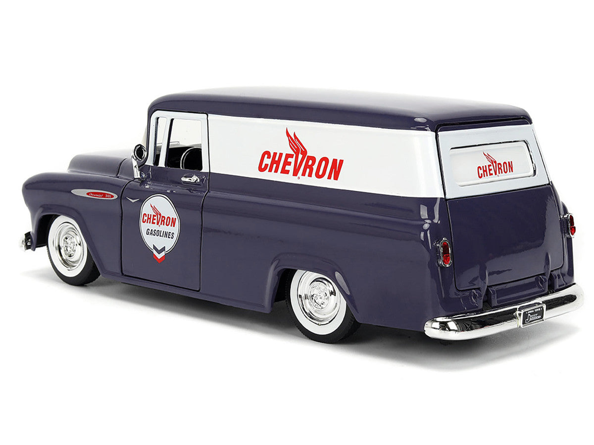 1957 Chevrolet Suburban "Chevron" Dark Blue with White Stripes and Chevron Gas Pump "Just Trucks" Series 1/24 Diecast Model Car by Jada LuxuryLifeWay Online Store