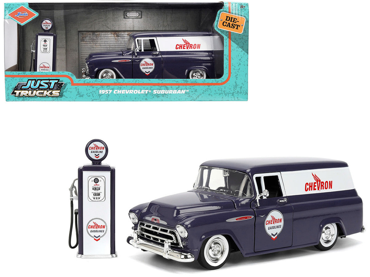 1957 Chevrolet Suburban "Chevron" Dark Blue with White Stripes and Chevron Gas Pump "Just Trucks" Series 1/24 Diecast Model Car by Jada LuxuryLifeWay Online Store
