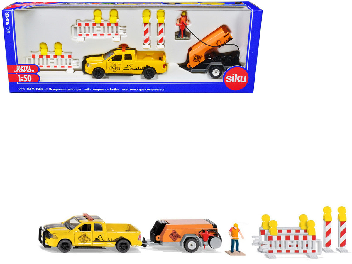 Ram 1500 Pickup Truck Yellow with Compressor Trailer and Worker Figure with Accessories Set 1/50 Diecast Models by Siku LuxuryLifeWay Online Store