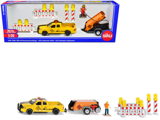 Ram 1500 Pickup Truck Yellow with Compressor Trailer and Worker Figure with Accessories Set 1/50 Diecast Models by Siku LuxuryLifeWay Online Store