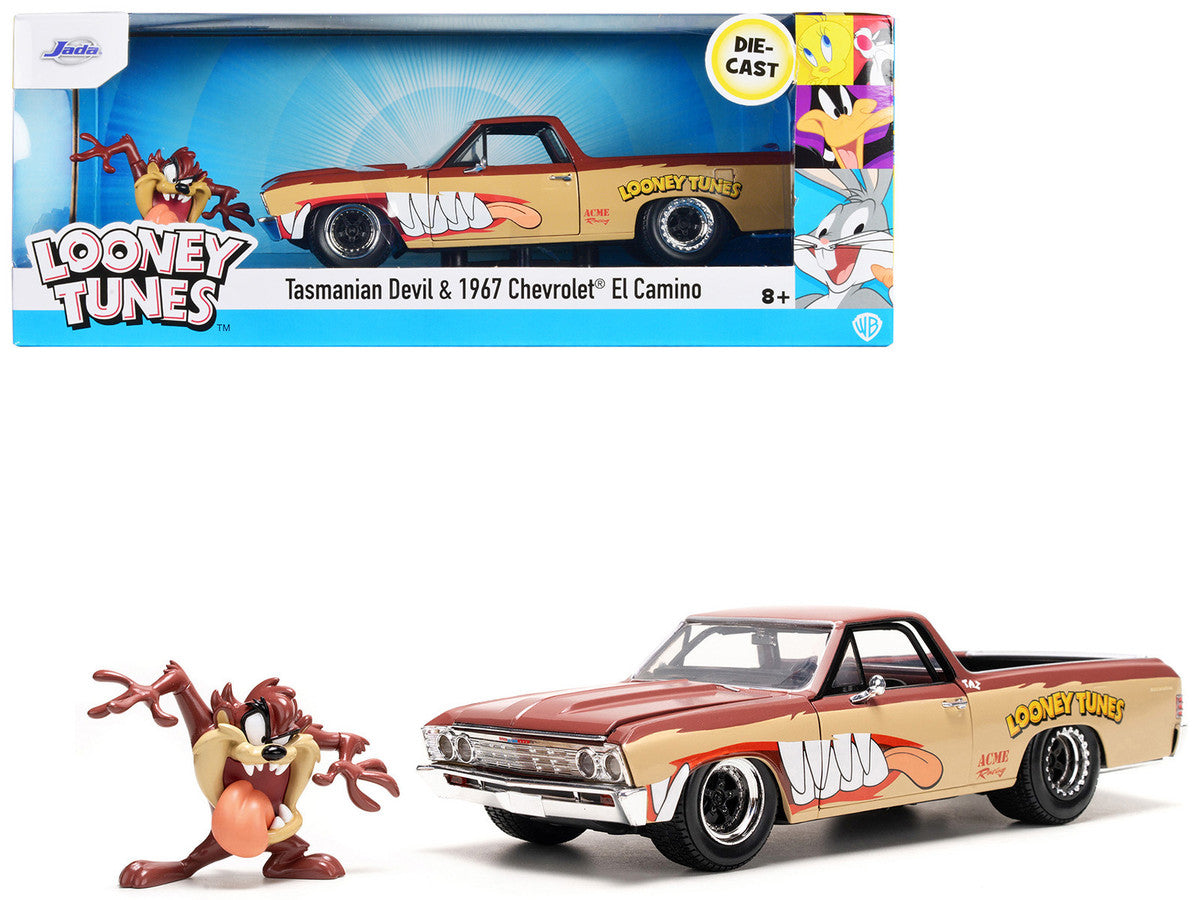 1967 Chevrolet El Camino Brown and Beige with Graphics and Tasmanian Devil (Taz) Diecast Figure "Looney Tunes" "Hollywood Rides" Series 1/24 Diecast Model Car by Jada LuxuryLifeWay Online Store
