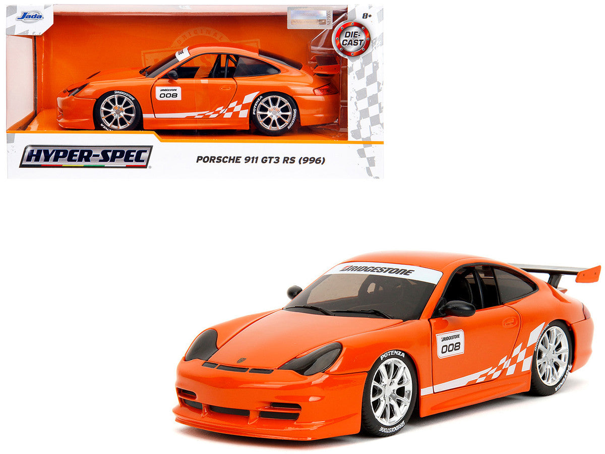Porsche 911 GT3 RS (996) #008 "Bridgestone" Orange Metallic with White Graphics "Hyper-Spec" Series 1/24 Diecast Model Car by Jada LuxuryLifeWay Online Store