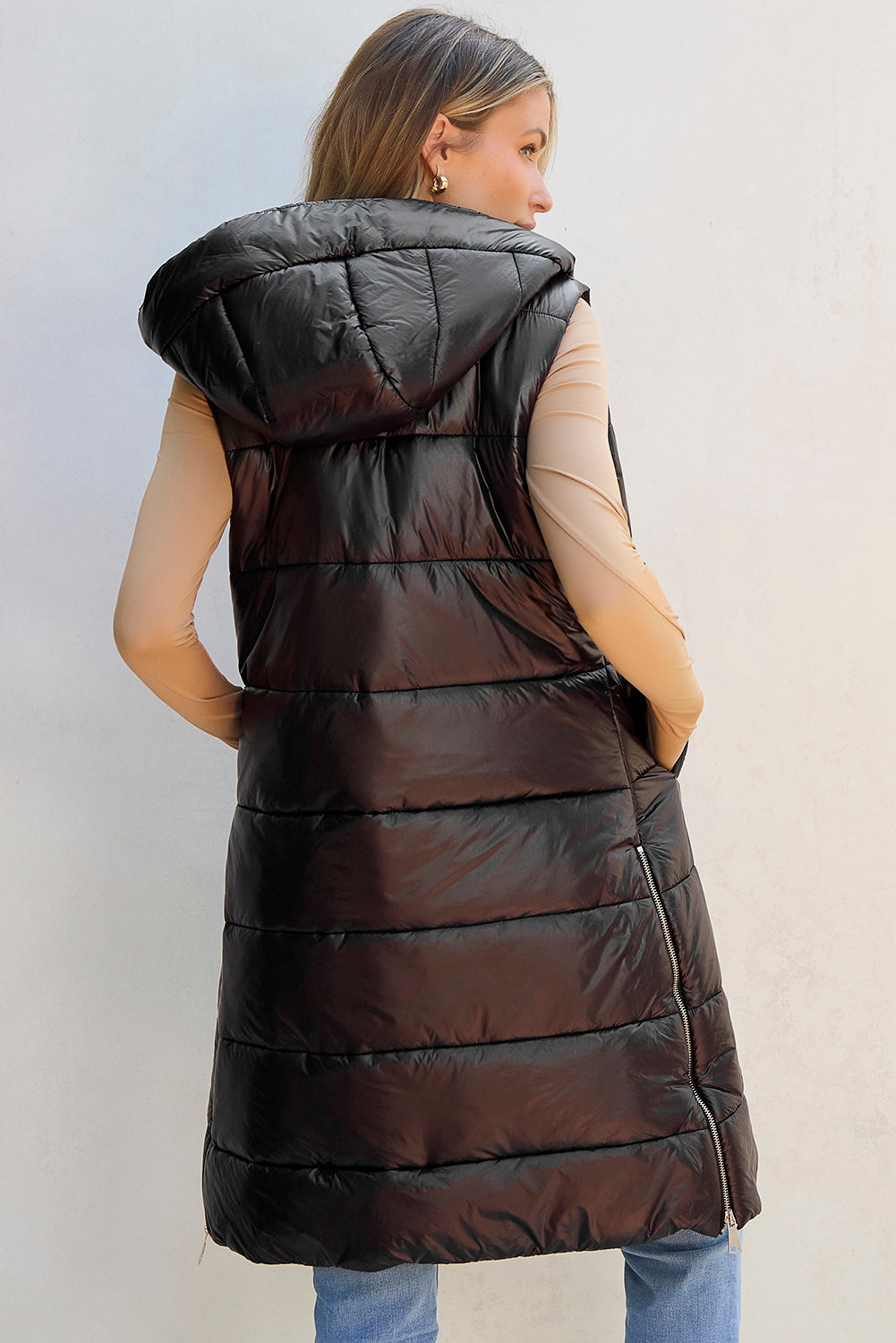 Black Hooded Long Quilted Vest PLUS Coat LuxuryLifeWay Online Store