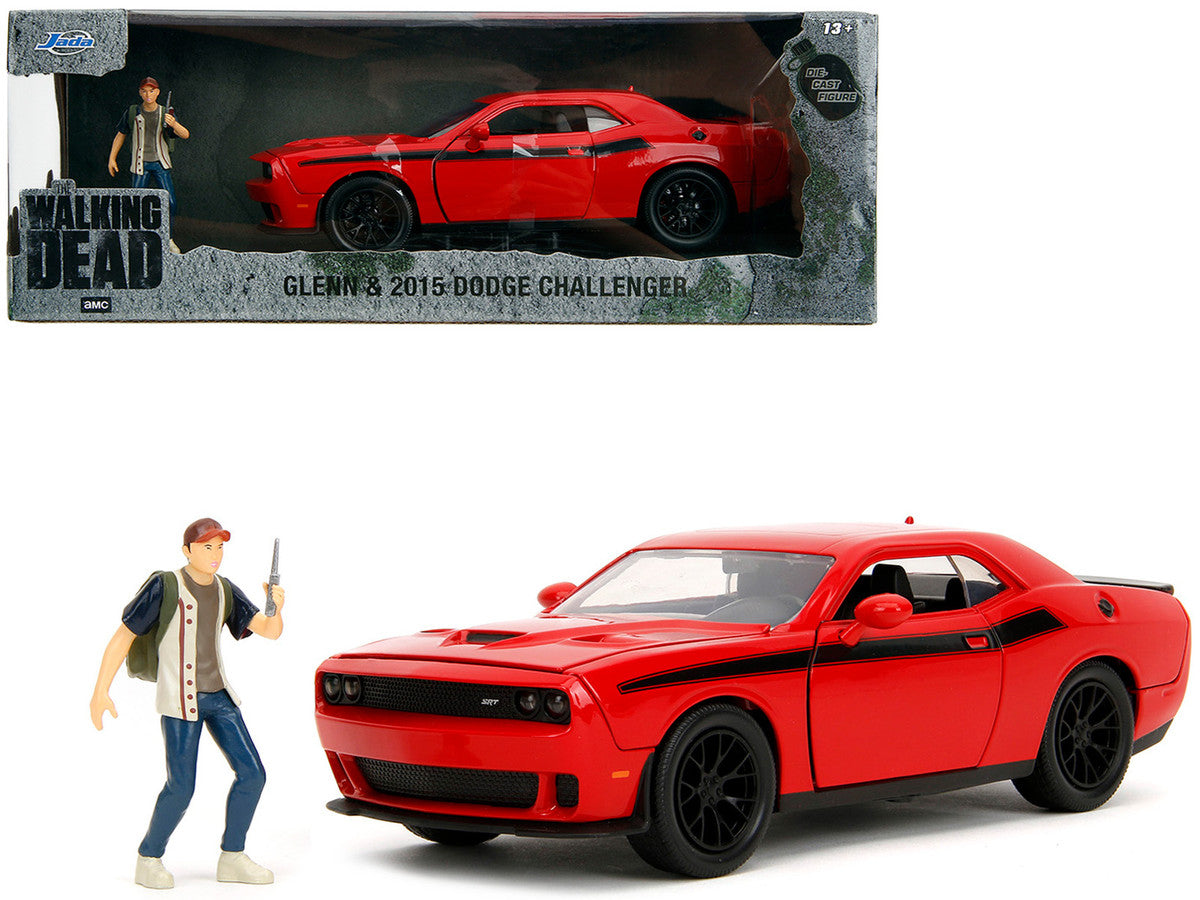 2015 Dodge Challenger Red with Black Stripes and Glenn Diecast Figure "The Walking Dead" (2010-2022) TV Series "Hollywood Rides" Series 1/24 Diecast Model Car by Jada LuxuryLifeWay Online Store
