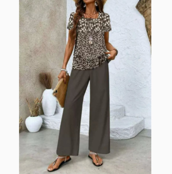 Print Suits Sleeveless Double-layer Vest And Loose Straight Pants Womens Clothing NorixaFashion.com