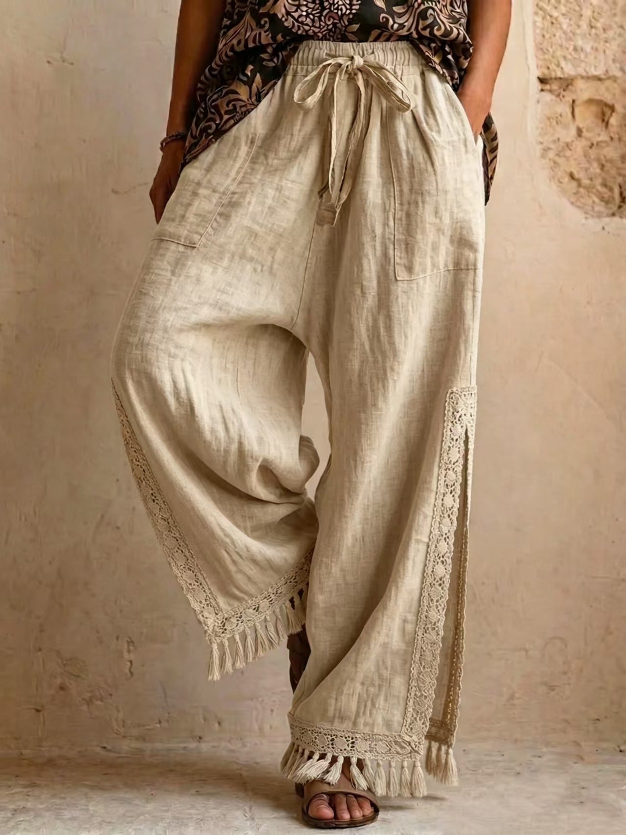 Side-slit Lace Tassel Bohemian-style Wide-leg Vacation Pants NorixaFashion.com