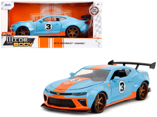 2016 Chevrolet Camaro Widebody #3 Light Blue with Orange Stripes "Gulf Oil" "Wide Body" Series 1/24 Diecast Model Car by Jada LuxuryLifeWay Online Store