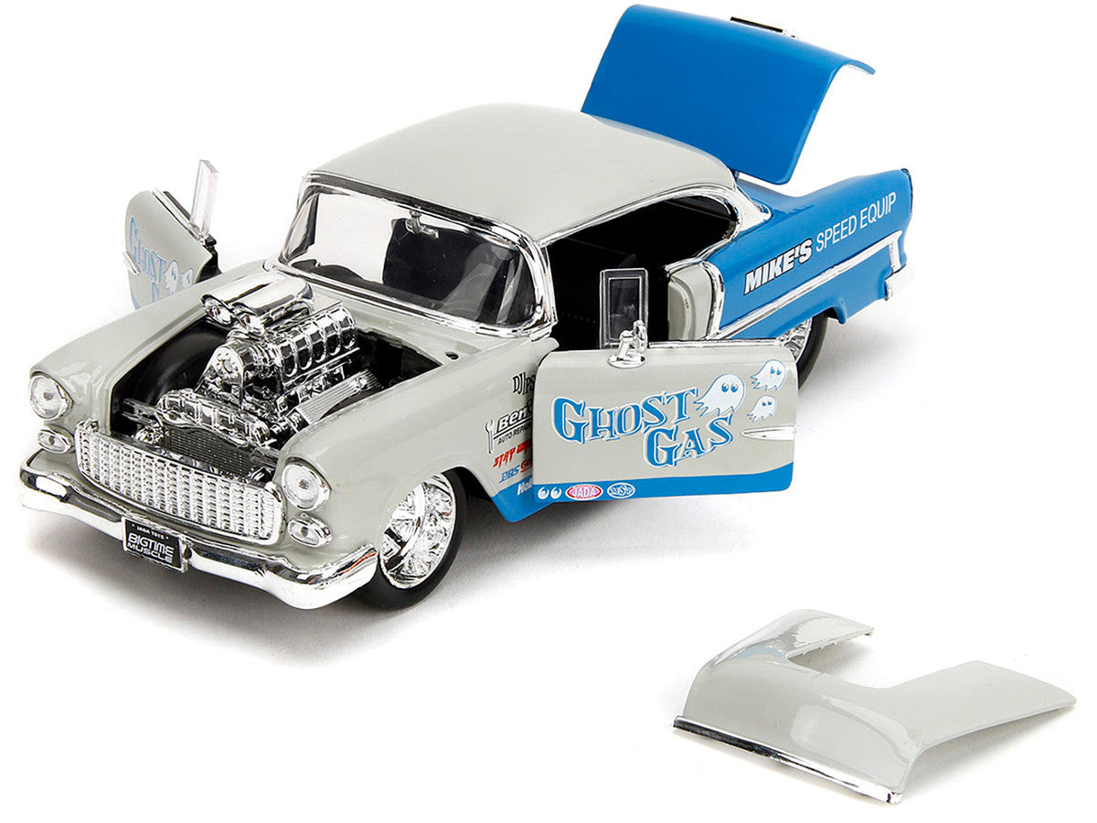 1955 Chevrolet Bel Air "Ghost Gas - Mike's Speed Equip" Light Gray and Blue "Bigtime Muscle" Series 1/24 Diecast Model Car by Jada LuxuryLifeWay Online Store