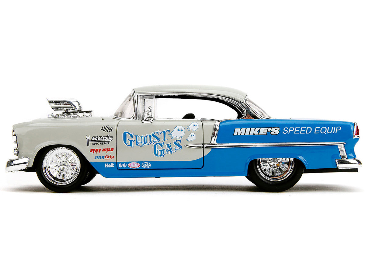 1955 Chevrolet Bel Air "Ghost Gas - Mike's Speed Equip" Light Gray and Blue "Bigtime Muscle" Series 1/24 Diecast Model Car by Jada LuxuryLifeWay Online Store