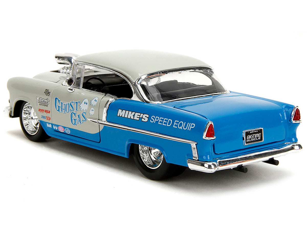 1955 Chevrolet Bel Air "Ghost Gas - Mike's Speed Equip" Light Gray and Blue "Bigtime Muscle" Series 1/24 Diecast Model Car by Jada LuxuryLifeWay Online Store