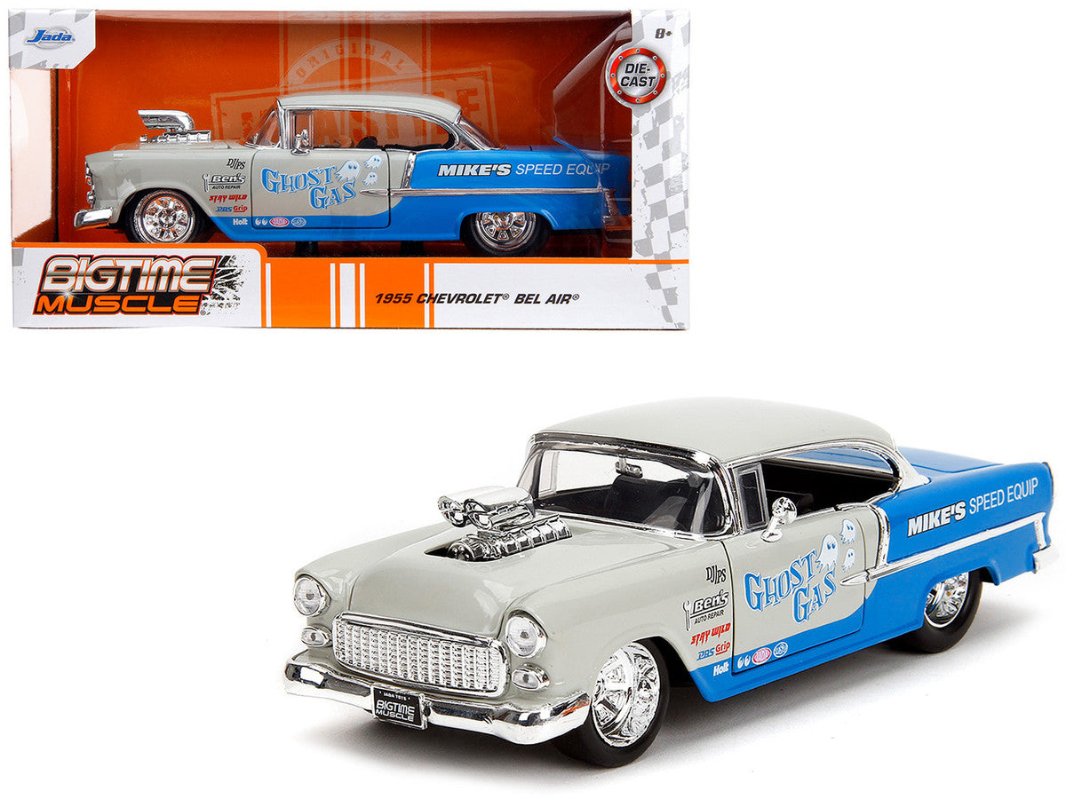 1955 Chevrolet Bel Air "Ghost Gas - Mike's Speed Equip" Light Gray and Blue "Bigtime Muscle" Series 1/24 Diecast Model Car by Jada LuxuryLifeWay Online Store