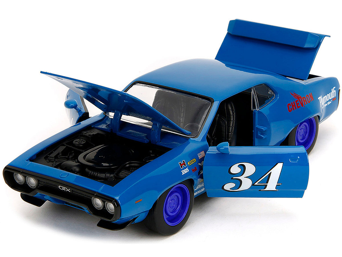 1972 Plymouth GTX #34 Blue with Graphics "Bigtime Muscle" Series 1/24 Diecast Model Car by Jada LuxuryLifeWay Online Store