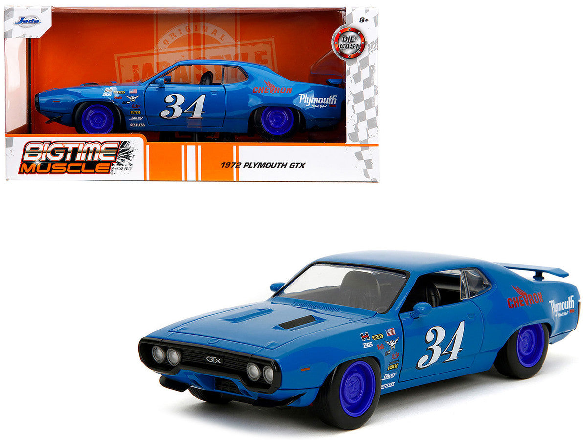 1972 Plymouth GTX #34 Blue with Graphics "Bigtime Muscle" Series 1/24 Diecast Model Car by Jada LuxuryLifeWay Online Store