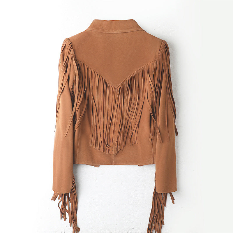 Genuine Leather Sheepskin Suede Lapel Tassel Motorcycle Short Jacket LadyShow.Store