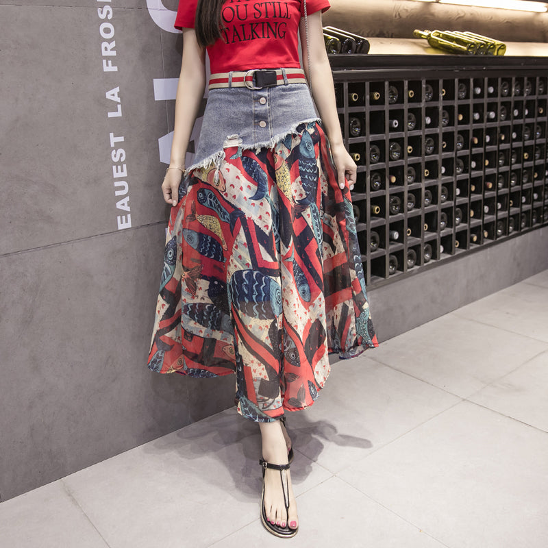 Mesh Stitching Denim Skirt Pi-Mart