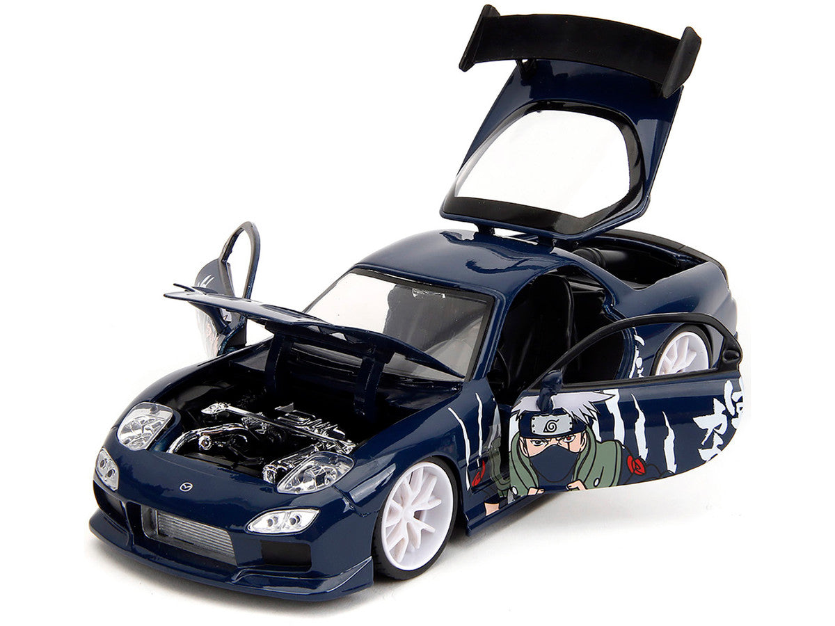 1993 Mazda RX-7 Dark Blue with Graphics and Kakashi Hatake Diecast Figure "Naruto Shippuden" (2009-2017) TV Series "Anime Hollywood Rides" Series 1/24 Diecast Model Car by Jada LuxuryLifeWay Online Store
