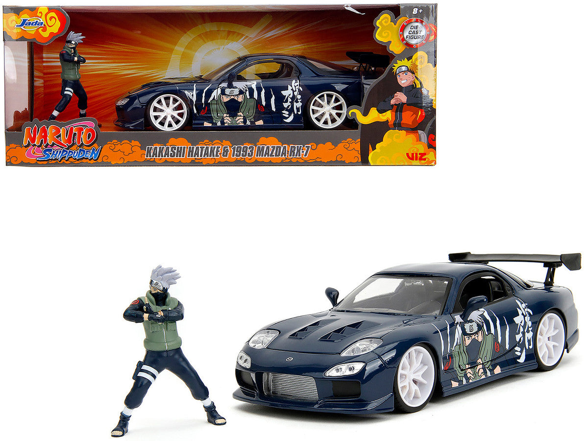 1993 Mazda RX-7 Dark Blue with Graphics and Kakashi Hatake Diecast Figure "Naruto Shippuden" (2009-2017) TV Series "Anime Hollywood Rides" Series 1/24 Diecast Model Car by Jada LuxuryLifeWay Online Store