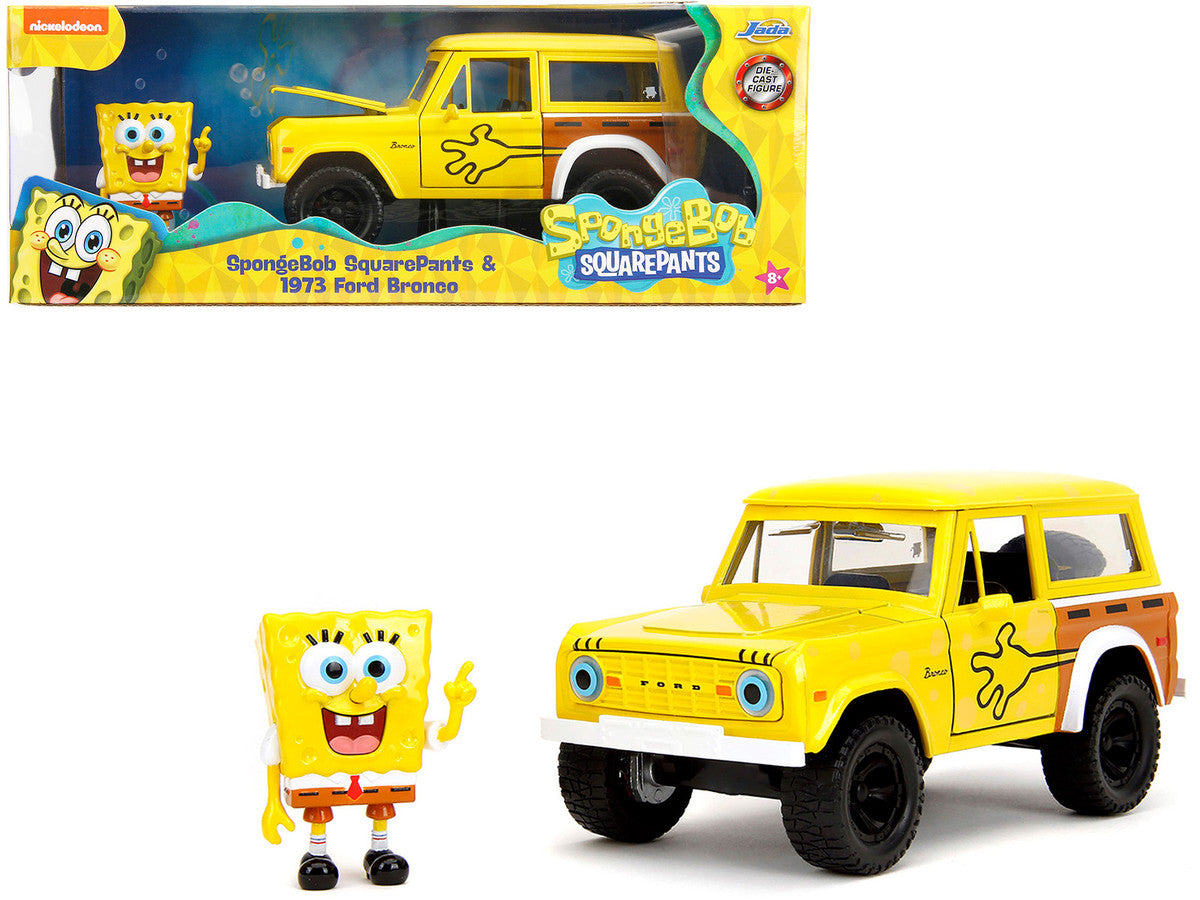 1973 Ford Bronco Yellow with Graphics and SpongeBob SquarePants Diecast Figure "SpongeBob SquarePants" (1999–Current) TV Series "Hollywood Rides" Series 1/24 Diecast Model Car by Jada LuxuryLifeWay Online Store