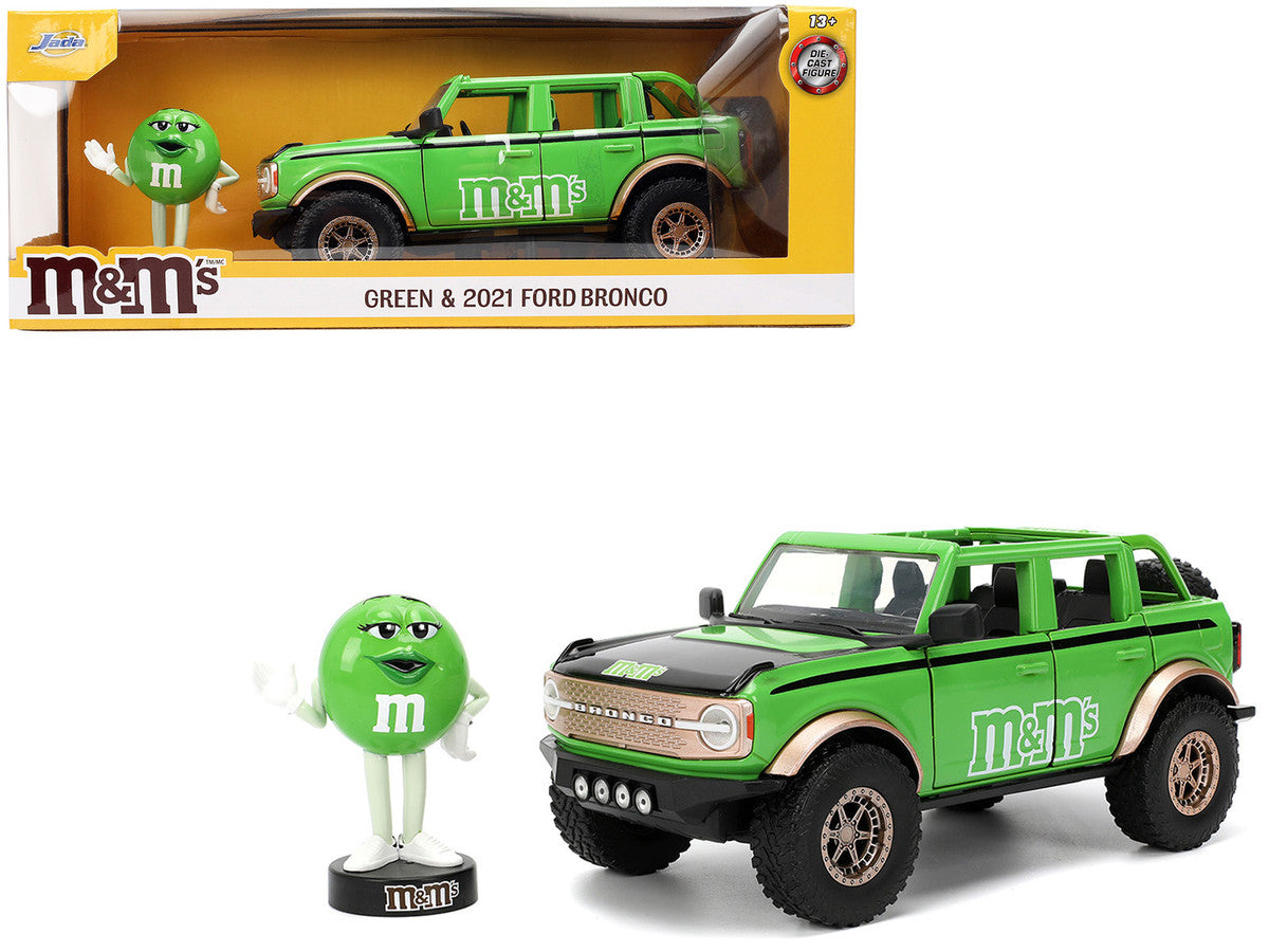2021 Ford Bronco Green with Black Stripes and Green M&M's Diecast Figure "Hollywood Rides" Series 1/24 Diecast Model Car by Jada LuxuryLifeWay Online Store