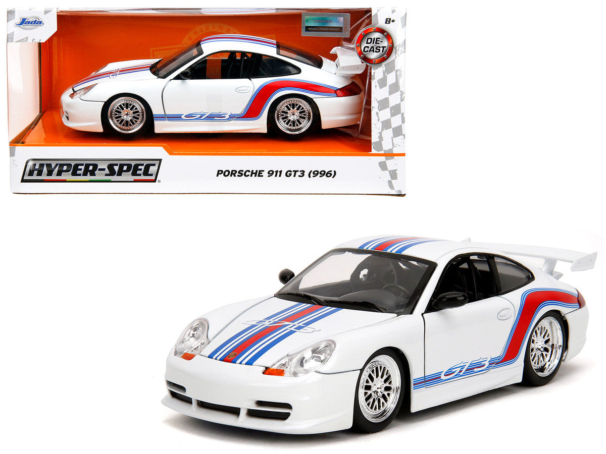 Porsche 911 GT3 (996) White with Red and Blue Stripes "Hyper-Spec" Series 1/24 Diecast Model Car by Jada LuxuryLifeWay Online Store