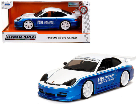 Porsche 911 GT3 RS (996) #845 White and Blue Metallic "Toyo Tires" "Hyper-Spec" Series 1/24 Diecast Model Car by Jada LuxuryLifeWay Online Store