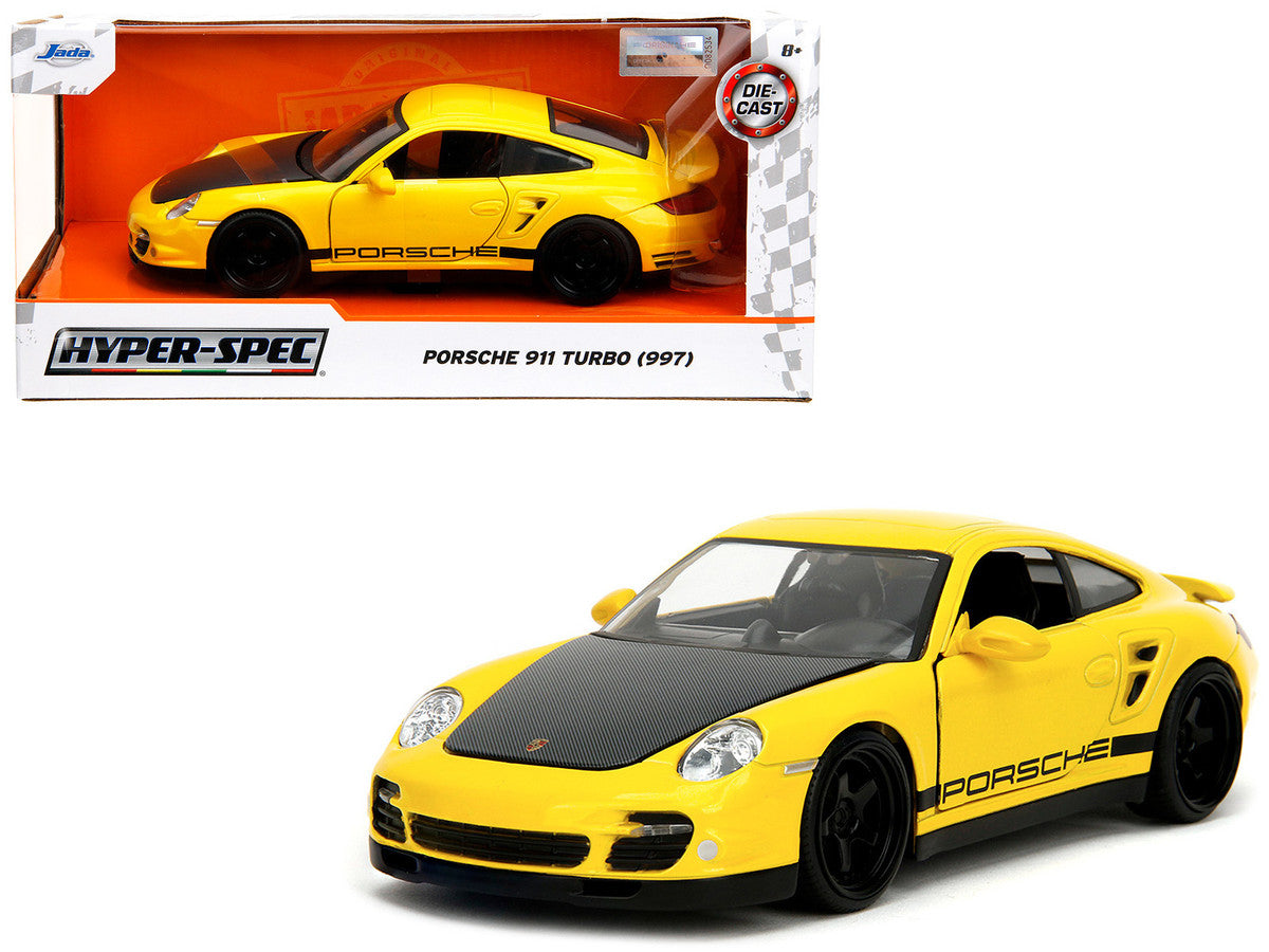Porsche 911 Turbo (997) Yellow with Carbon Hood "Hyper-Spec" Series 1/24 Diecast Model Car by Jada LuxuryLifeWay Online Store