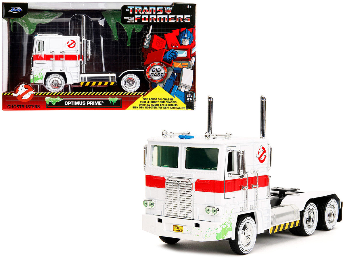 G1 Autobot Optimus Prime Truck White with Robot on Chassis from "Transformers" TV Series - "Ghostbusters" (1984) Movie Crossover "Hollywood Rides" Series 1/24 Diecast Model by Jada LuxuryLifeWay Online Store