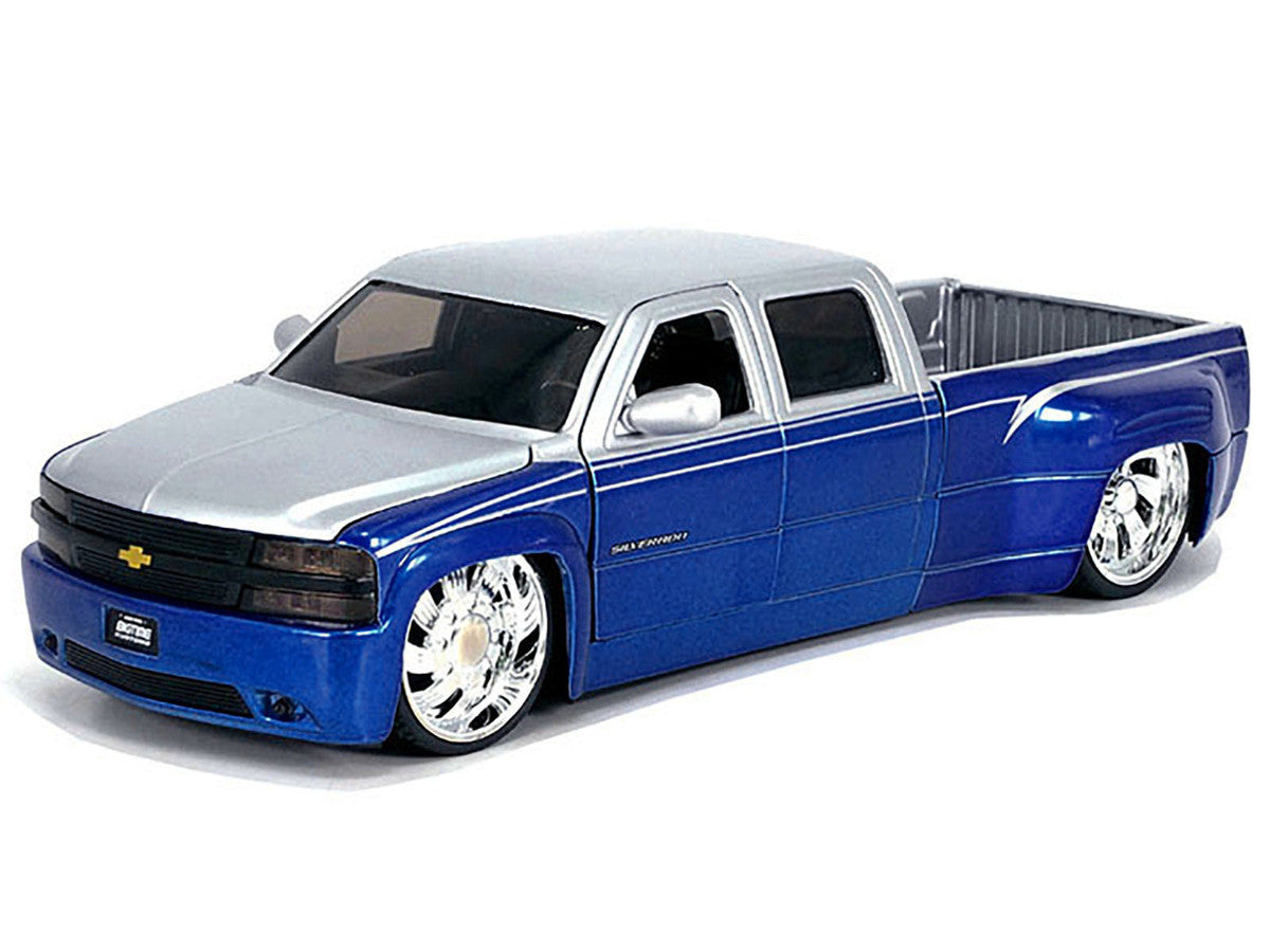 1999 Chevrolet Silverado Dually Pickup Truck Blue Metallic and Silver with Custom KMC Wheels "Just Trucks" Series 1/24 Diecast Model Car by Jada LuxuryLifeWay Online Store