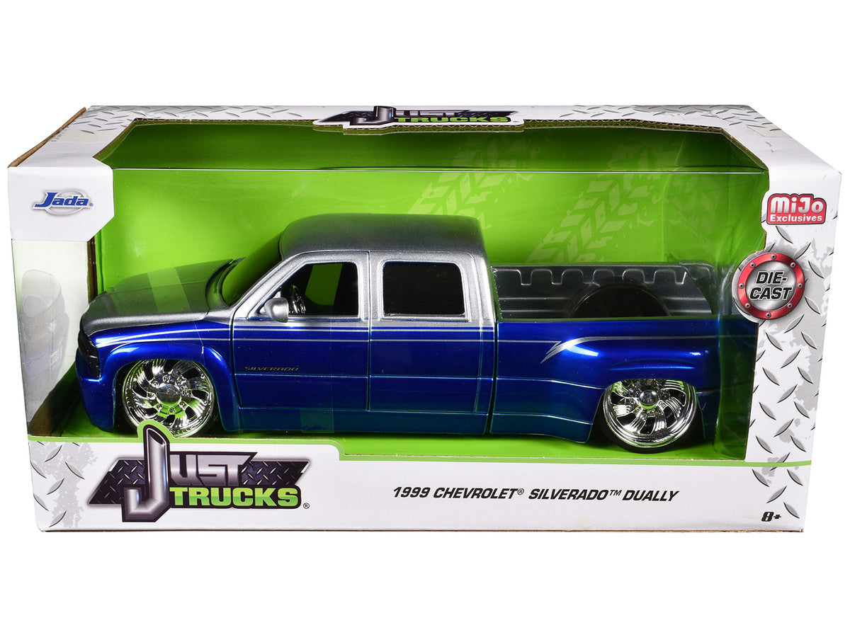 1999 Chevrolet Silverado Dually Pickup Truck Blue Metallic and Silver with Custom KMC Wheels "Just Trucks" Series 1/24 Diecast Model Car by Jada LuxuryLifeWay Online Store