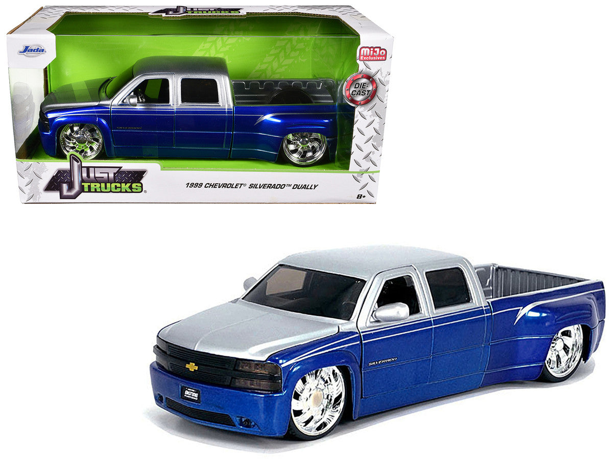 1999 Chevrolet Silverado Dually Pickup Truck Blue Metallic and Silver with Custom KMC Wheels "Just Trucks" Series 1/24 Diecast Model Car by Jada LuxuryLifeWay Online Store