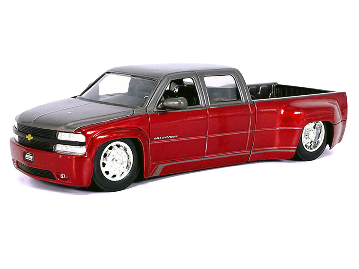 1999 Chevrolet Silverado Dually Pickup Truck Red Metallic and Gray with Stock Wheels "Just Trucks" Series 1/24 Diecast Model Car by Jada LuxuryLifeWay Online Store
