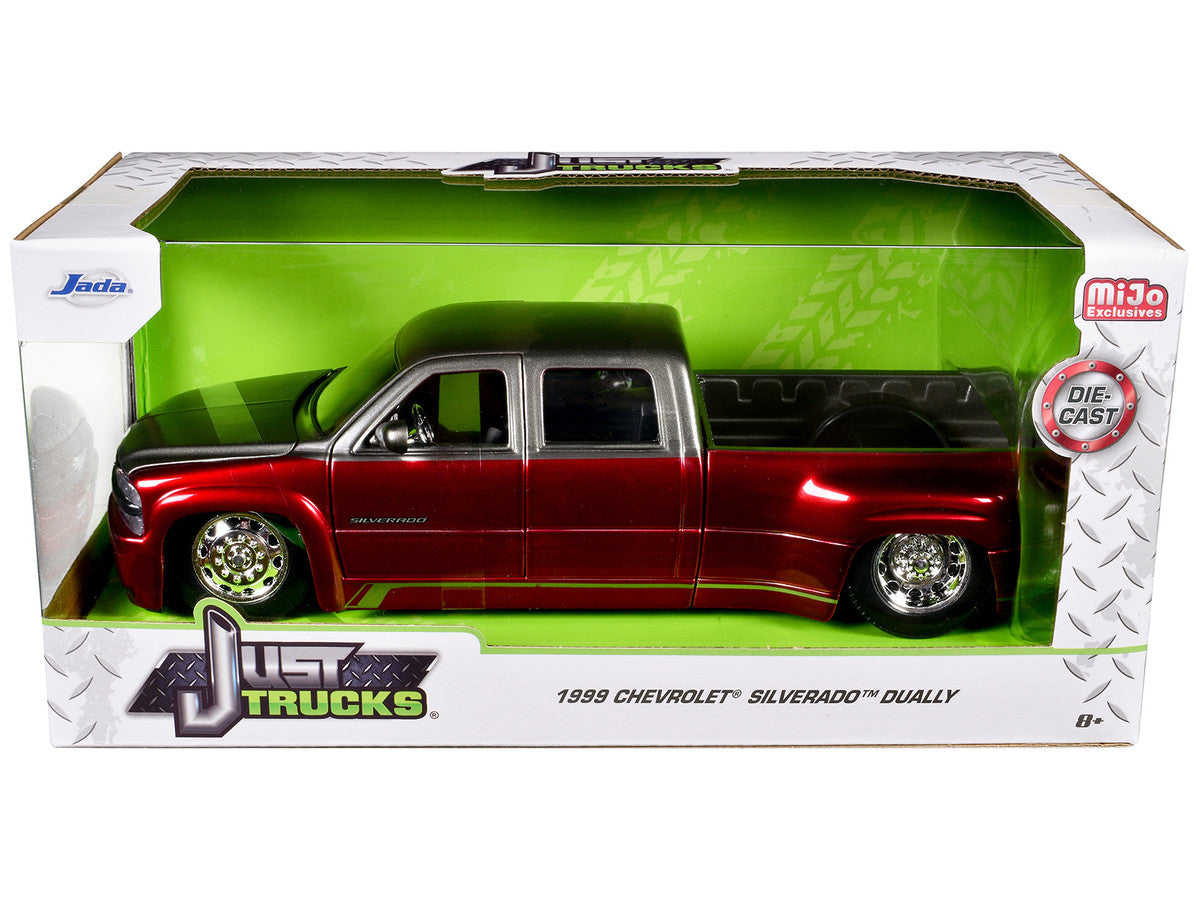 1999 Chevrolet Silverado Dually Pickup Truck Red Metallic and Gray with Stock Wheels "Just Trucks" Series 1/24 Diecast Model Car by Jada LuxuryLifeWay Online Store