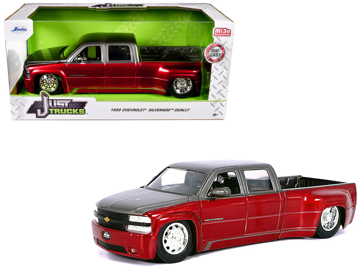 1999 Chevrolet Silverado Dually Pickup Truck Red Metallic and Gray with Stock Wheels "Just Trucks" Series 1/24 Diecast Model Car by Jada LuxuryLifeWay Online Store