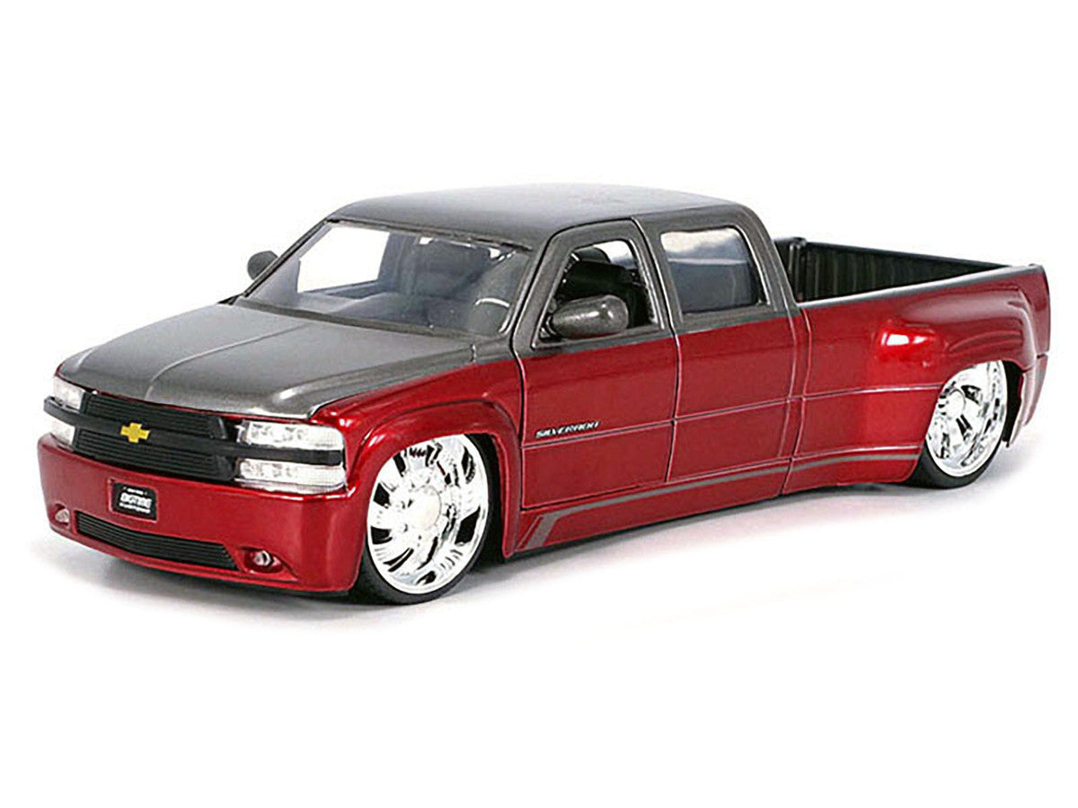 1999 Chevrolet Silverado Dually Pickup Truck Red Metallic and Gray with Custom KMC Wheels "Just Trucks" Series 1/24 Diecast Model Car by Jada LuxuryLifeWay Online Store