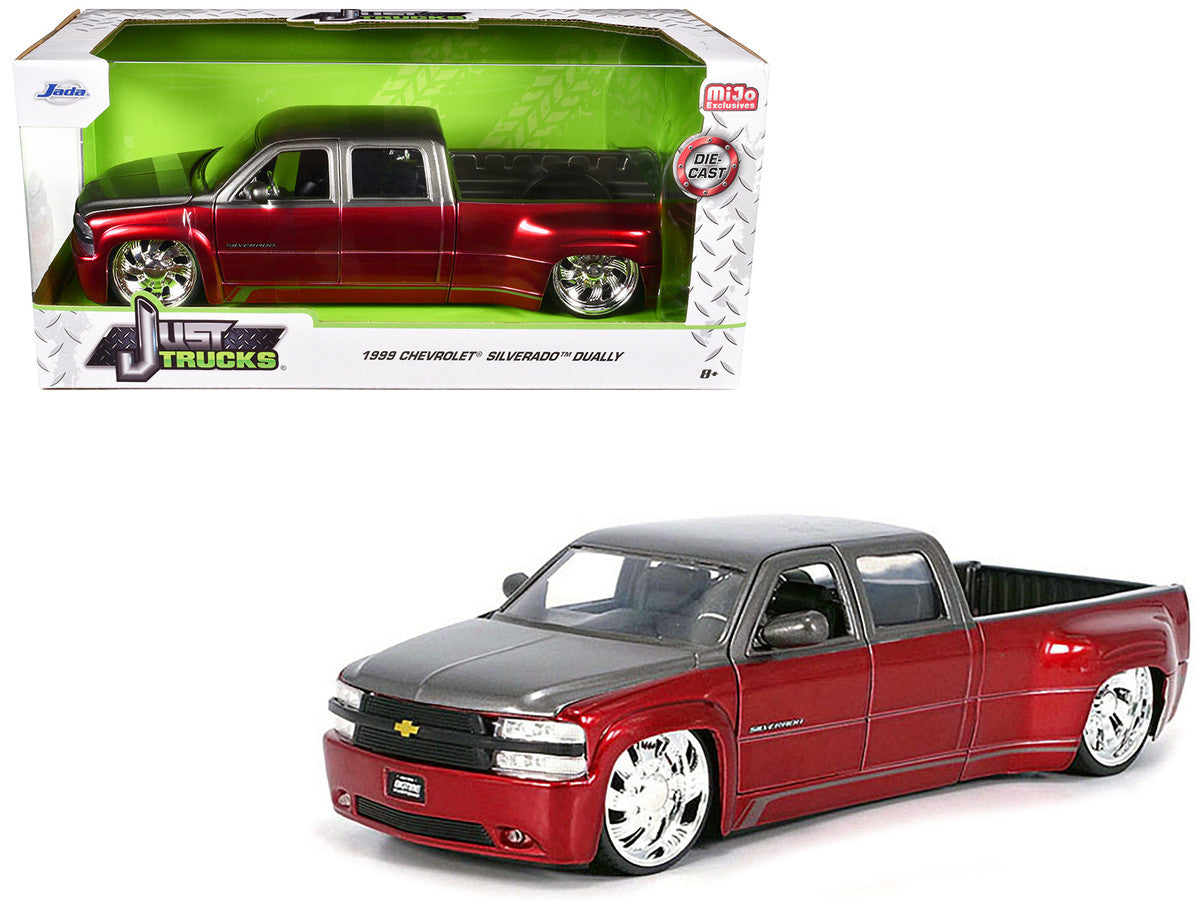 1999 Chevrolet Silverado Dually Pickup Truck Red Metallic and Gray with Custom KMC Wheels "Just Trucks" Series 1/24 Diecast Model Car by Jada LuxuryLifeWay Online Store