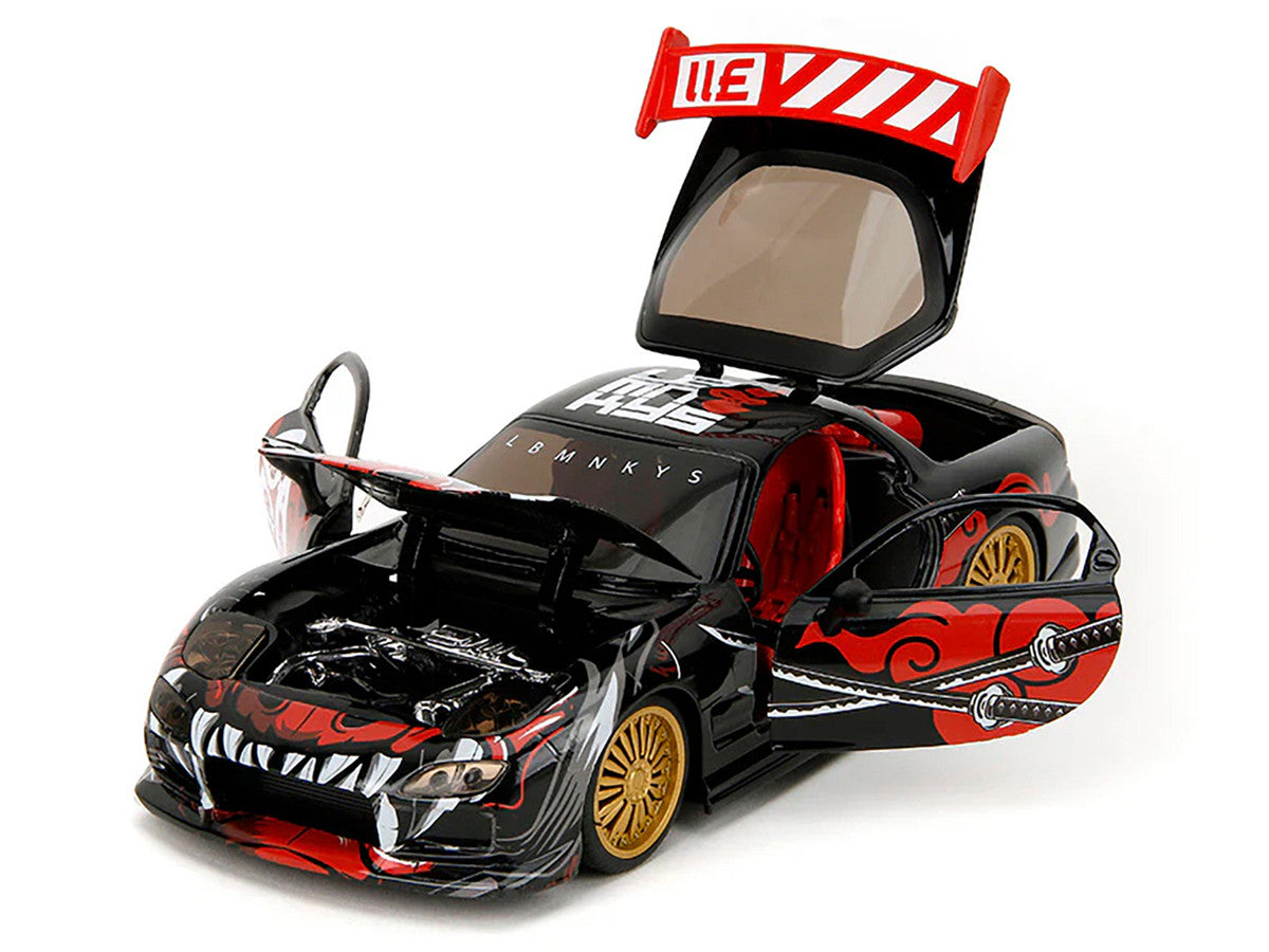 1993 Mazda RX-7 Black with Graphics "Lab Monkeys" with Saru Diecast Figure "Hollywood Rides" Series 1/24 Diecast Model Car by Jada LuxuryLifeWay Online Store