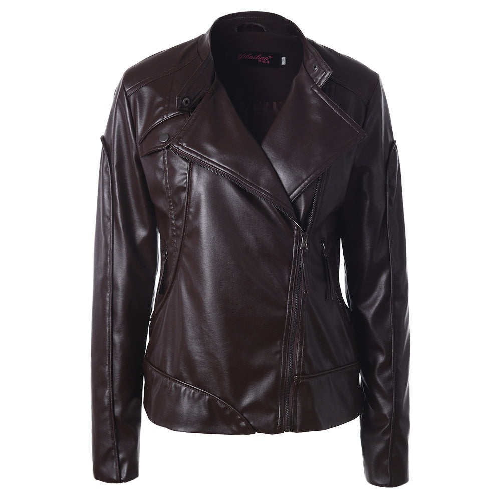 Stand Collar Side Zipper Leather Coat Motorcycle Jacket LadyShow.Store